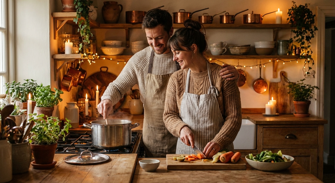 Paar kokkab koos kodus